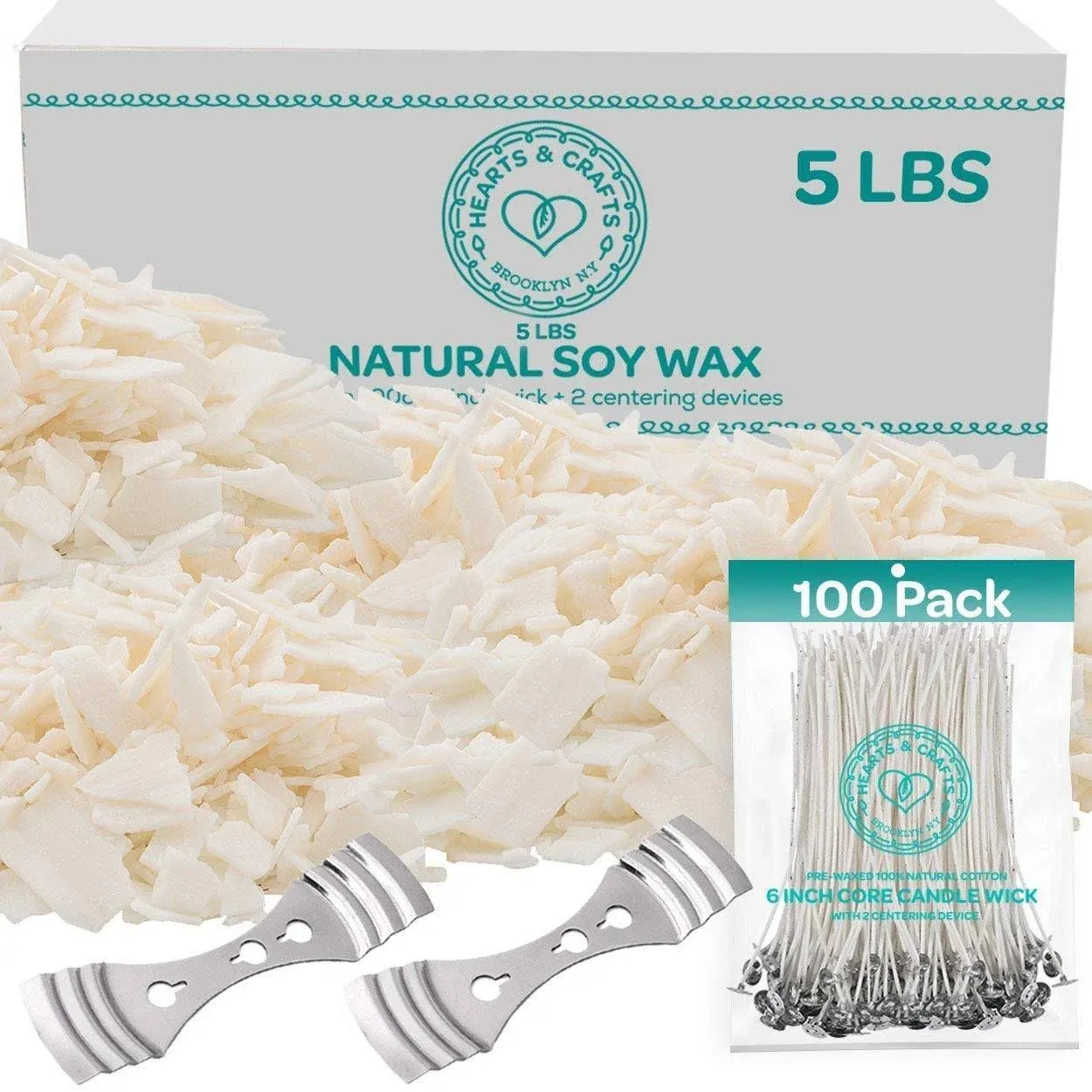 Hearts & Crafts Natural Soy Wax for Candle Making - 5lbs Natural Soy Wax - 100 6-Inch Pre-Waxed Candle Wicks, 2 Metal Centering Devices, 5lbs Soy Wax