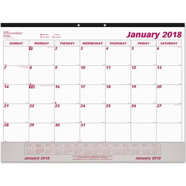 Brownline Monthly Desk Pad Calendar 22 x 17 White/Maroon 2018 C1731V