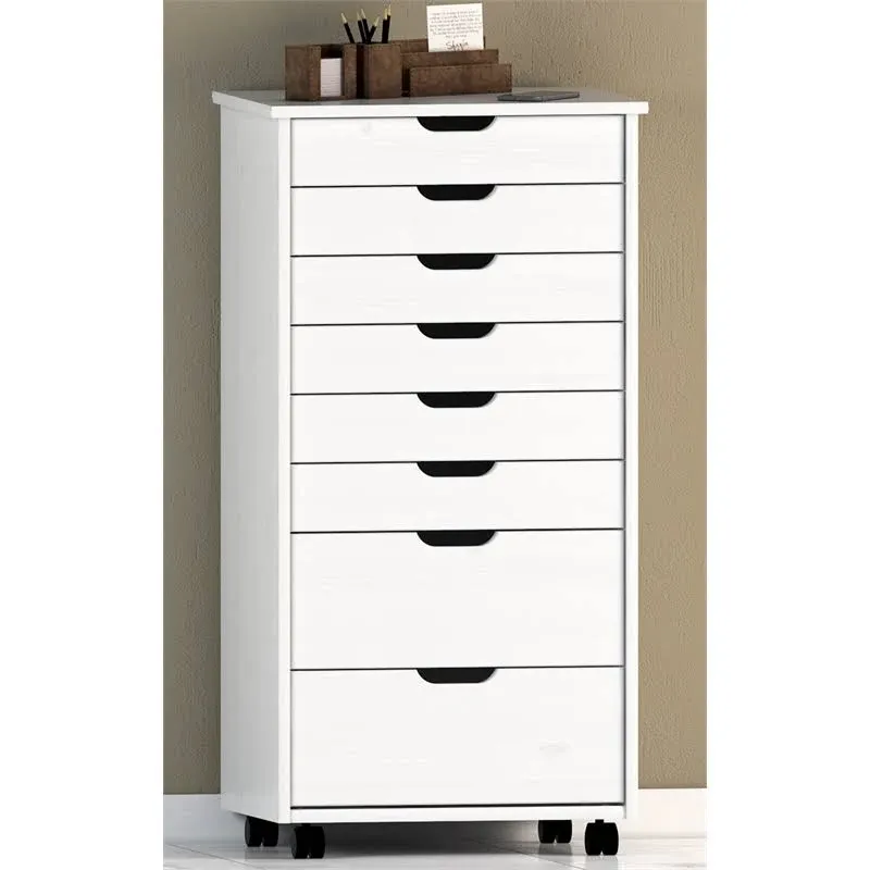 8-Drawer Transitional Wood Storage Cart in White Wash