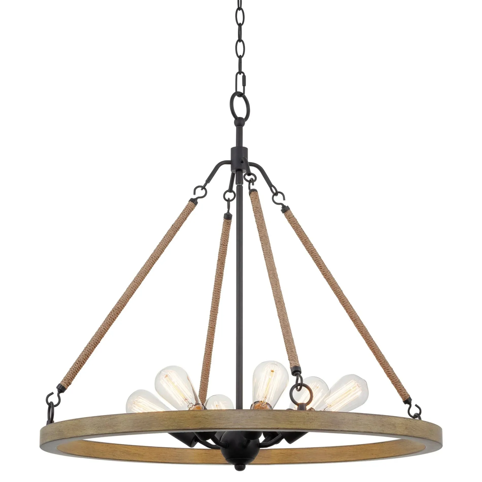 Kira Home Belmont 28" 6-Light Modern Farmhouse Natural Hemp Rope Wagon Wheel Chandelier, Smoked Birch Wood Style + Black Finish