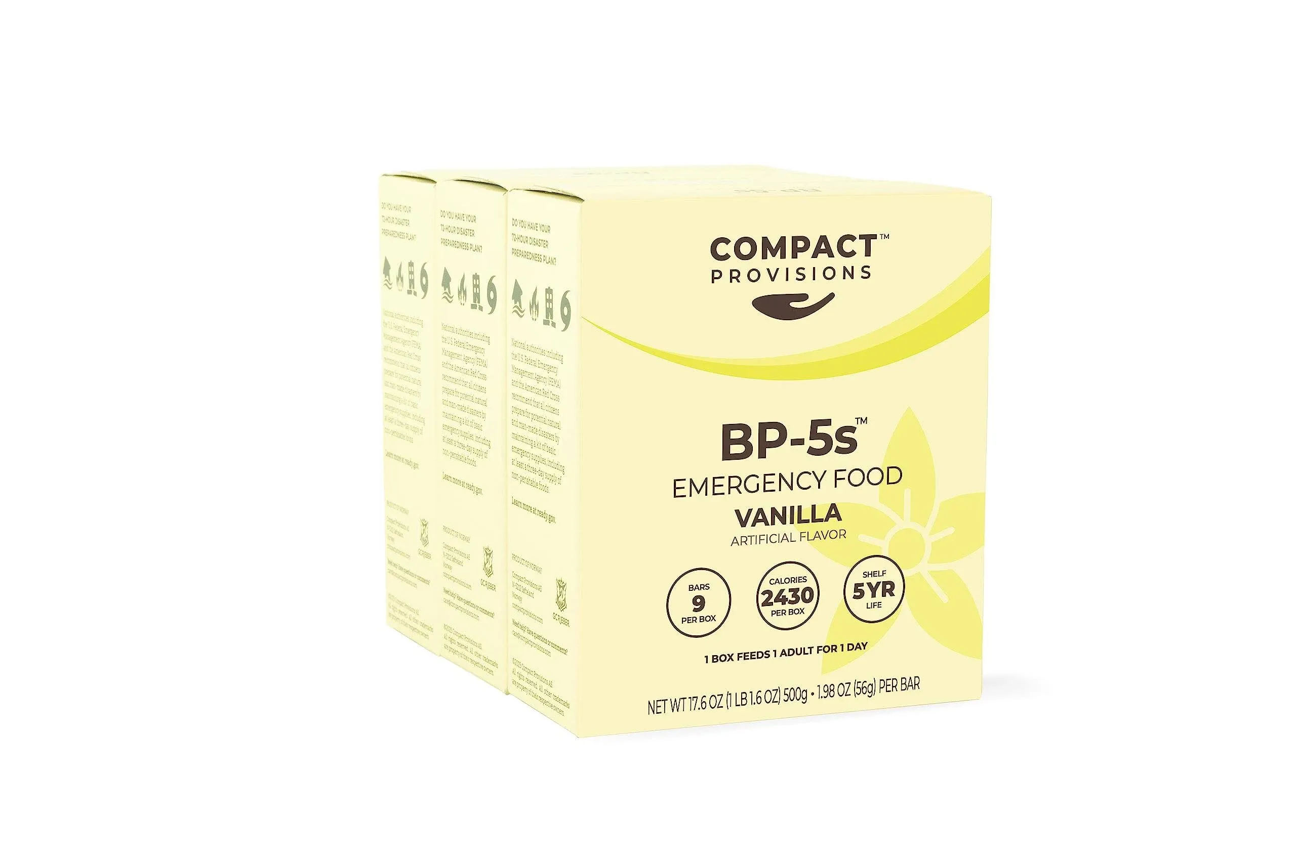 Compact Provisions BP-5s Vanilla 3 Pack Emergency Food Supply and Non-Perishable Survival Rations for Disaster Kits. 2,430 Calories, 63g Protein Per Box.