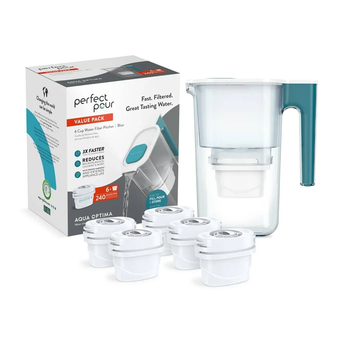 Aqua Optima Perfect Pour 6 Cup Water Filter Pitcher, 6 Filters