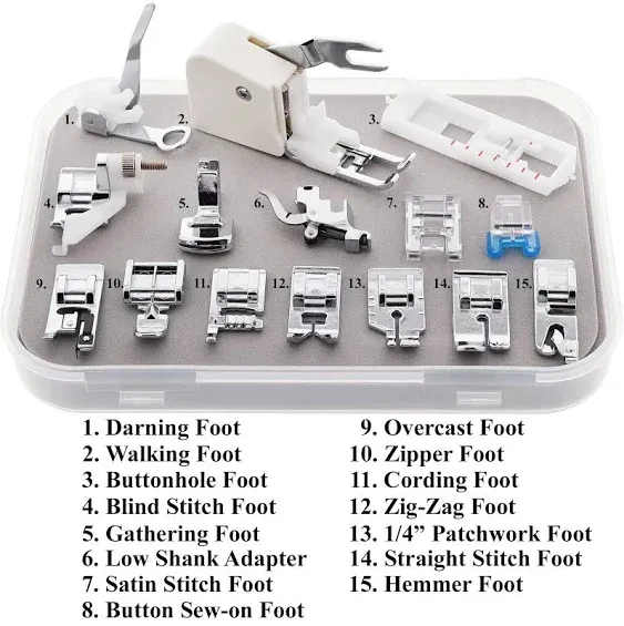 Low Shank Sewing Foot Feet 15 piece Set Singer,Brother<wbr/>,Kenmore, Janome, Pfaff