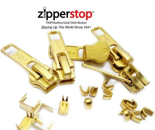 YKK® Vintage Zipper Repair Solution, YKK #5 Brass Slider 5 pcs, 10 Top Stops and 5 Bottom Stops