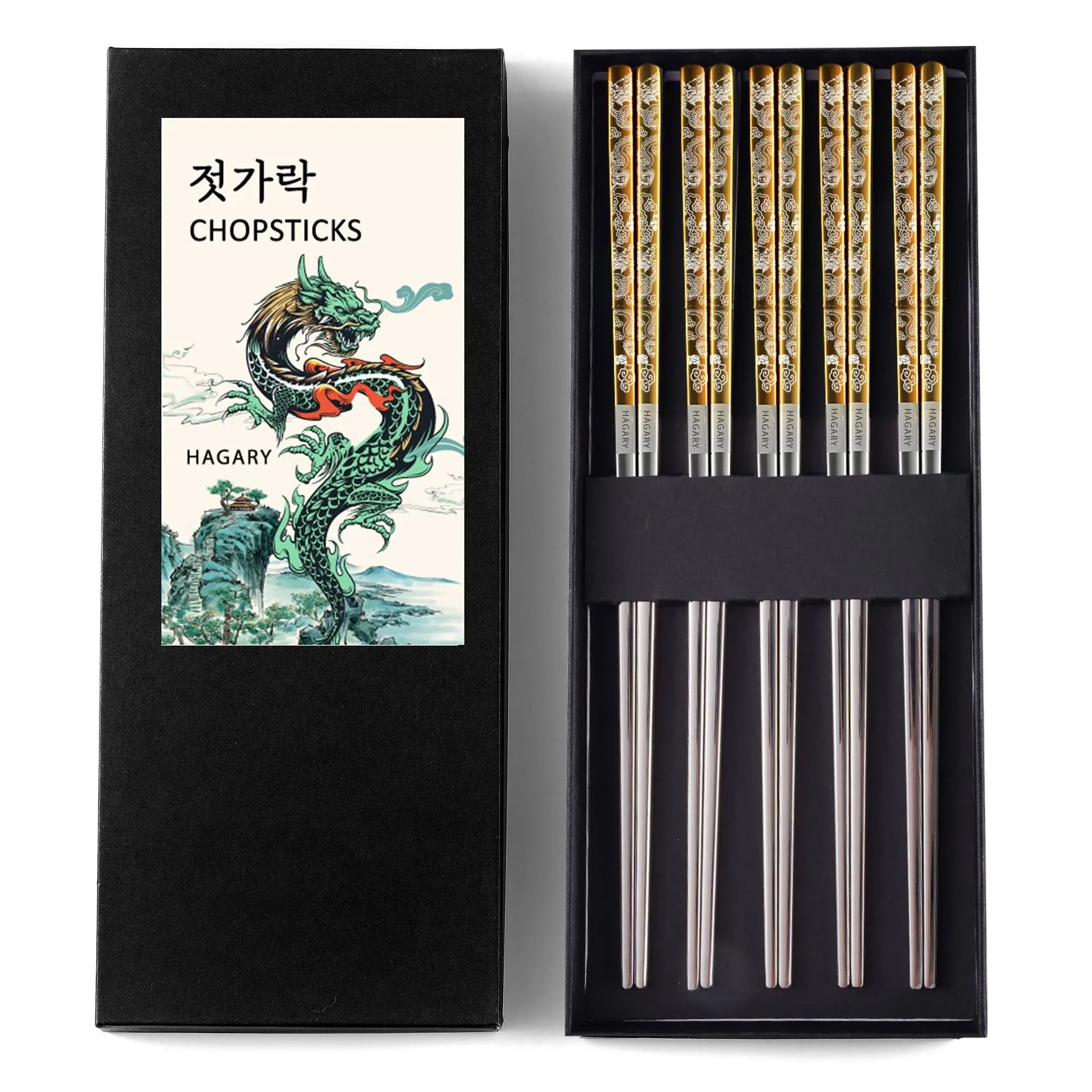 Hagary Dragon Chopsticks Metal Reusable Designed In Korea Japanese Style Stainless Steel 316 18/10 Non-Slip Dishwasher Safe Laser Etched (Gold - 5 Pairs)