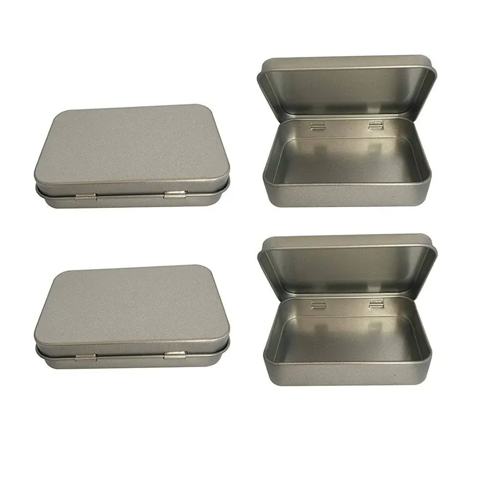 Metal Hinged Empty Hinged Tin Container with Lid, Silver Mini Portable Storage Tin Box for Pills Crafts Herbs Home Jewelry Organizer, Rectangular Candy Tin Empty Box (4 Pack)