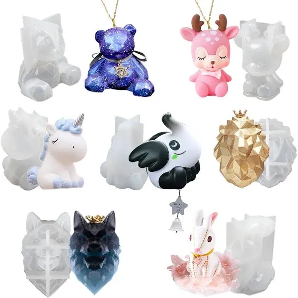 3D Animals Epoxy Resin Silicone Molds Set Unicorn Lion Wolf Elephant Deer Rabbit Bear Jewelry Casing Supplies 7-Count, Height 2.6-3inch