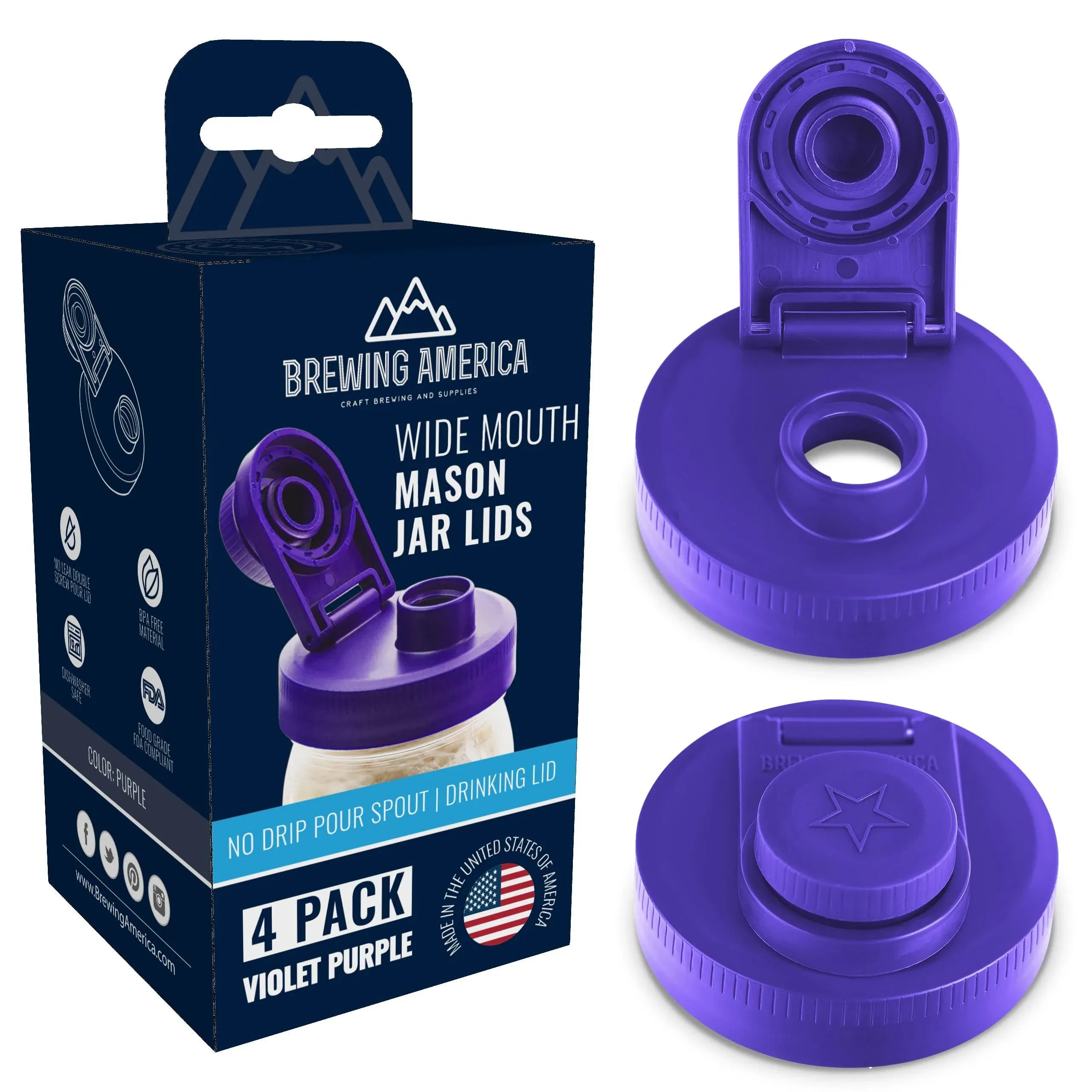 Mason Jar Lids Wide Mouth Plastic 4 pack-USA Made-Flip Cap Screw Top Pour Spout Drink Hole - Leak-proof for Kerr and Ball Canning Jars-Airtight for Drinks to Go and Controlled Pouring-Violet Purple