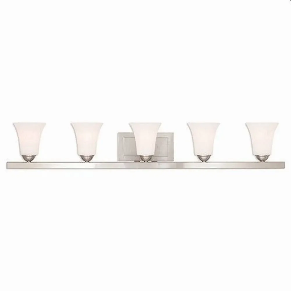 Livex 6485-91 Ridgedale 5 Light 43 Inch Bath Vanity In Brushed Nickel With Satin Opal White Glass