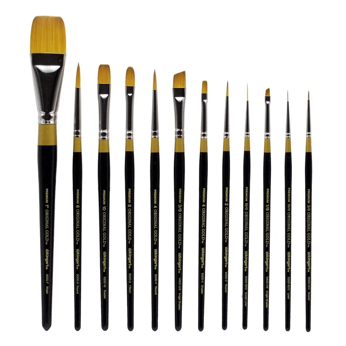 KINGART Premium Original Gold Series Handcrafted Golden Taklon Multimedia Artist Brushes, Gift Box, Set of 12, Black Glosss Handle, for Oil, Acrylic, Watercolor & Gouache Paints