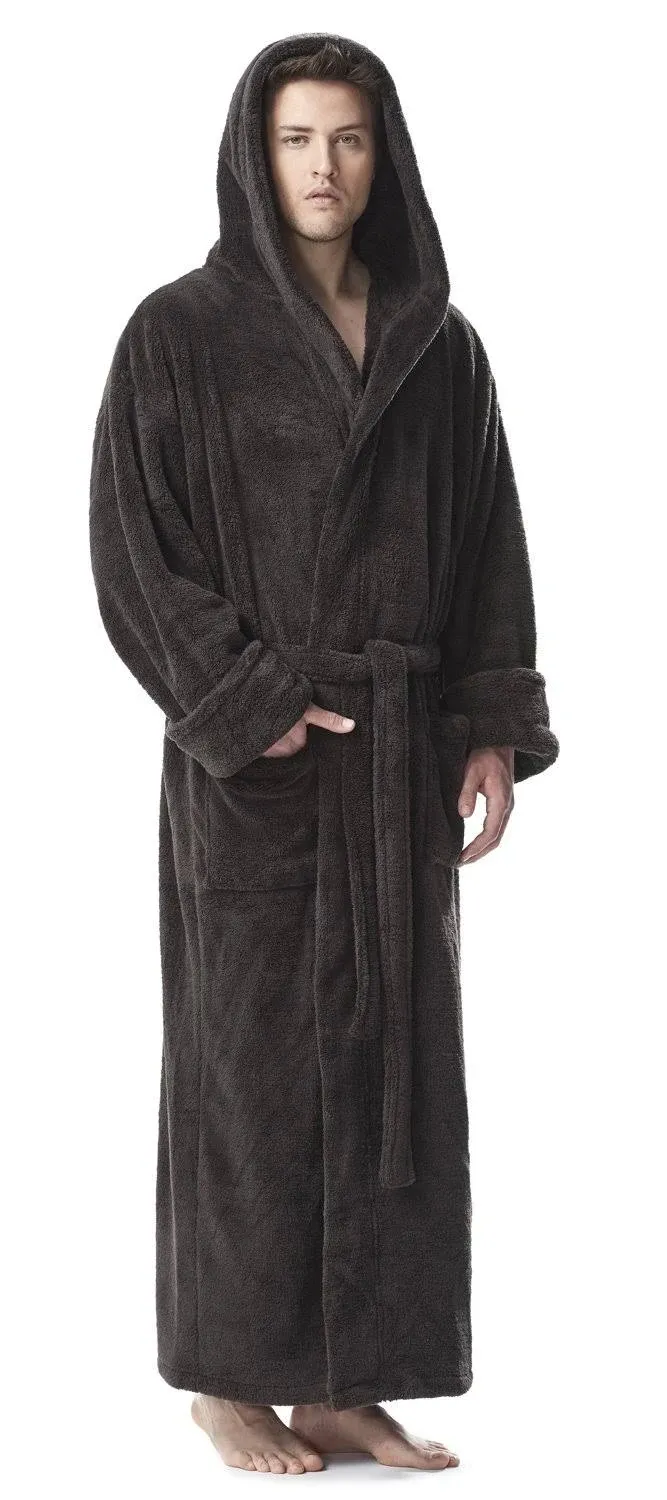 Arus Men's Fleece Robe, Long Hooded Turkish Bathrobe