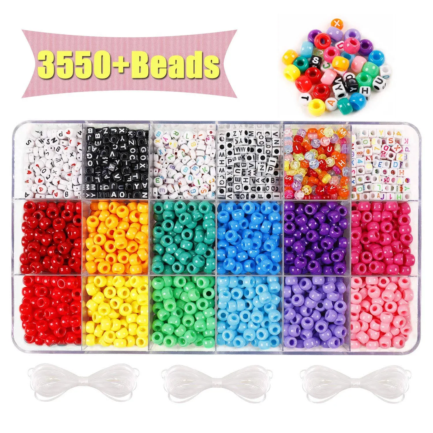 1720+pcs Pony Beads Kit 1830pcs 6 Style Letter Alphabet Beads Rainbow Plastic Pony Beads Bulk Multicolor Kandi Beads Elastic String DIY Crafts Jewelry Making Kit for Bracelets Necklaces