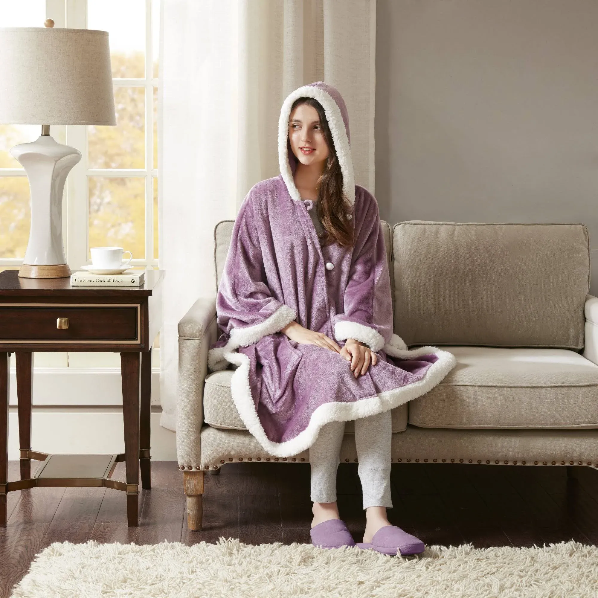 Comfort Spaces Angel Wrap Hooded Wearable Blanket Throw, Ultra Soft Giftable Plush To Sherpa Poncho Blanket Wrap With Pockets, Cozy and Warm Shawl Gift for Her, 58"x72", Lavender