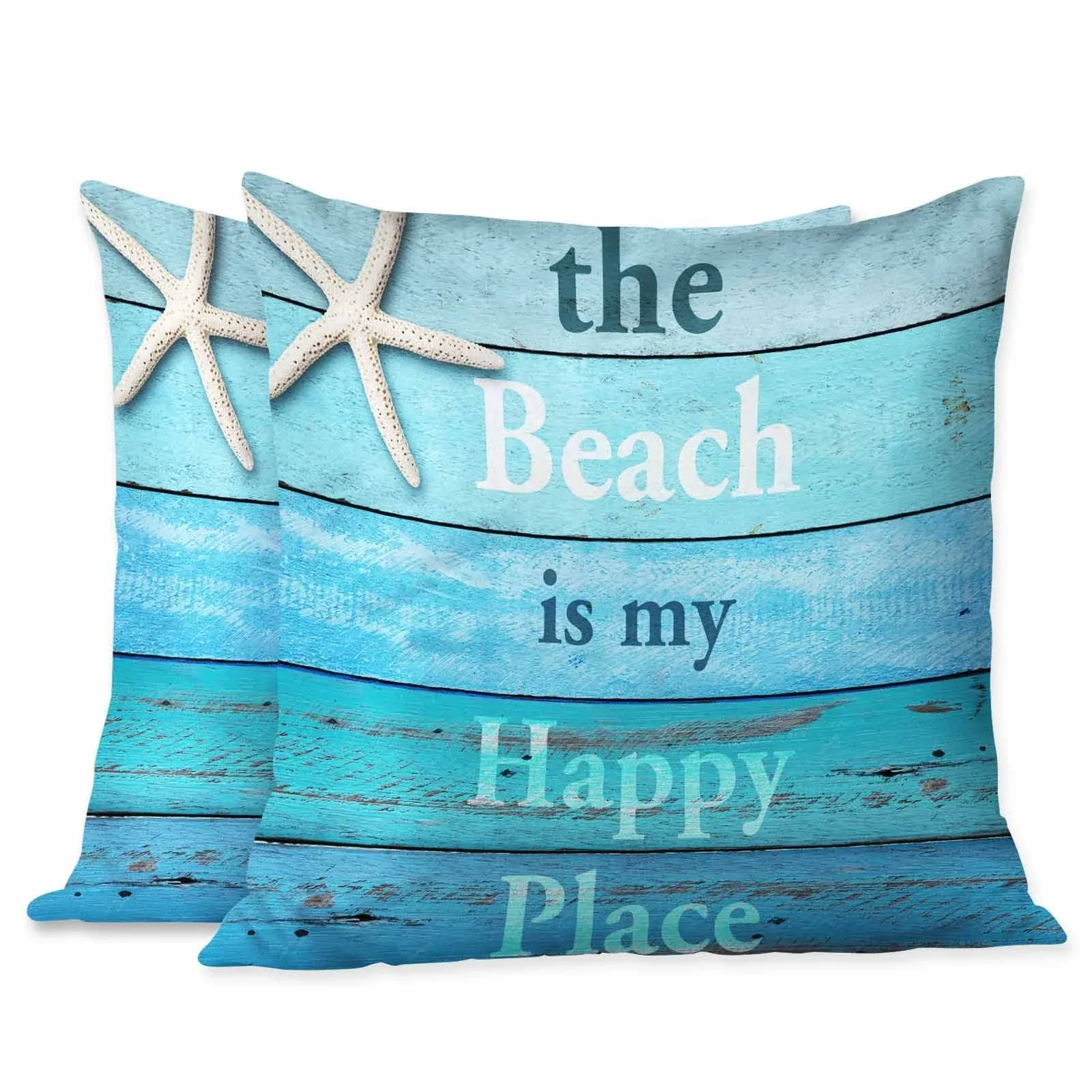 Beabes Pillow Covers Quote The Beach Is My Happy Place Starfish with Blue Wooden ...