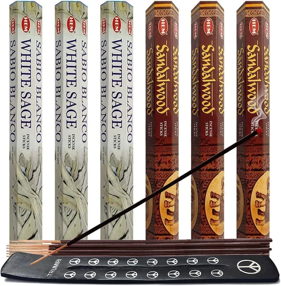 White Sage & Sandalwood Incense Sticks & Holder Bundle Variety Pack from Hem ...