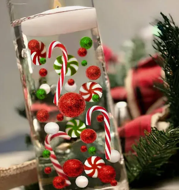 50 Floating Sparkling Christmas Red/Green Candy Canes-Peppermints-Lollipops-Pearls-Large Sizes-Fills 4 Medium Size Vases-With Measured Floating Gels Kit/Prep Bag-Option of 3 Submersible Fairy Lights