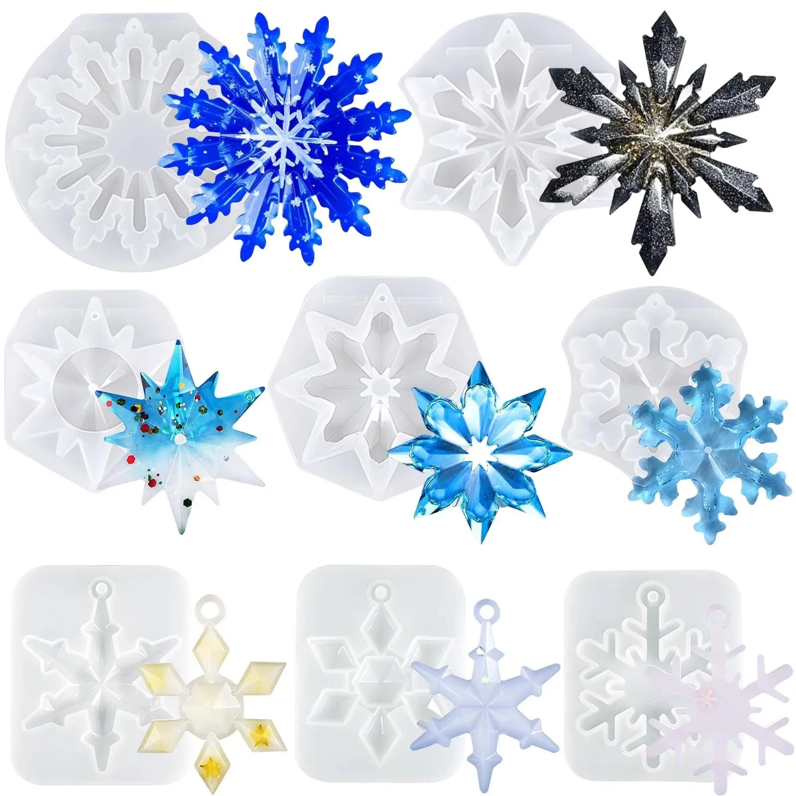 Christmas Resin Molds 8Pcs 3D Ice Crystal Snowflake Silicone Epoxy Resin Mold Soap Keychain Jewelry Casting Silicone Mold for Christmas Tree Home Hanging Ornament DIY Crafts Decoration Pendants