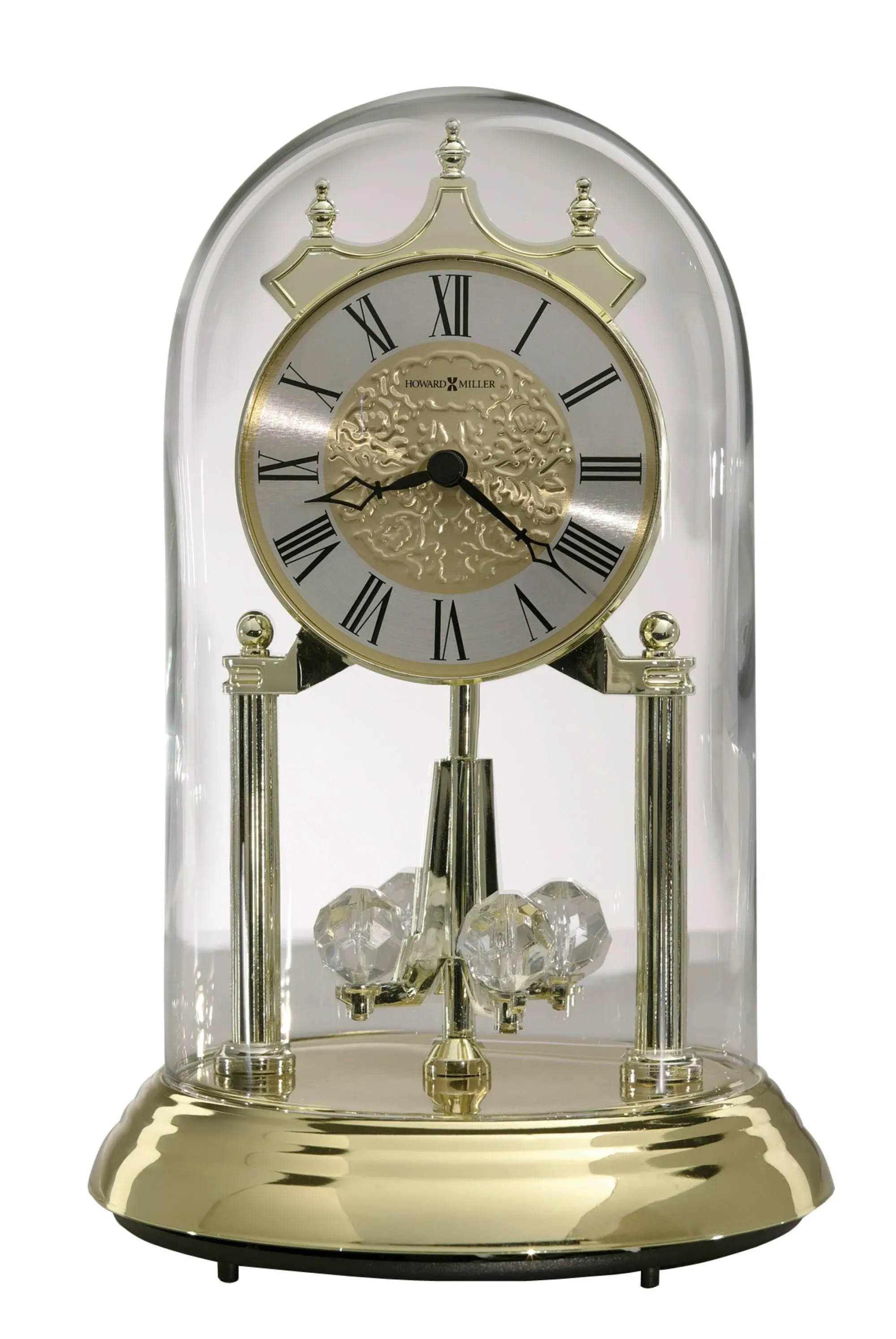 Howard Miller Christina Gold Anniversary Table Clock 645-690 - Polished Brass Finish, 9 Inch Dome, Pendulum Includes 4 Revolving Crystals, Quartz Movement