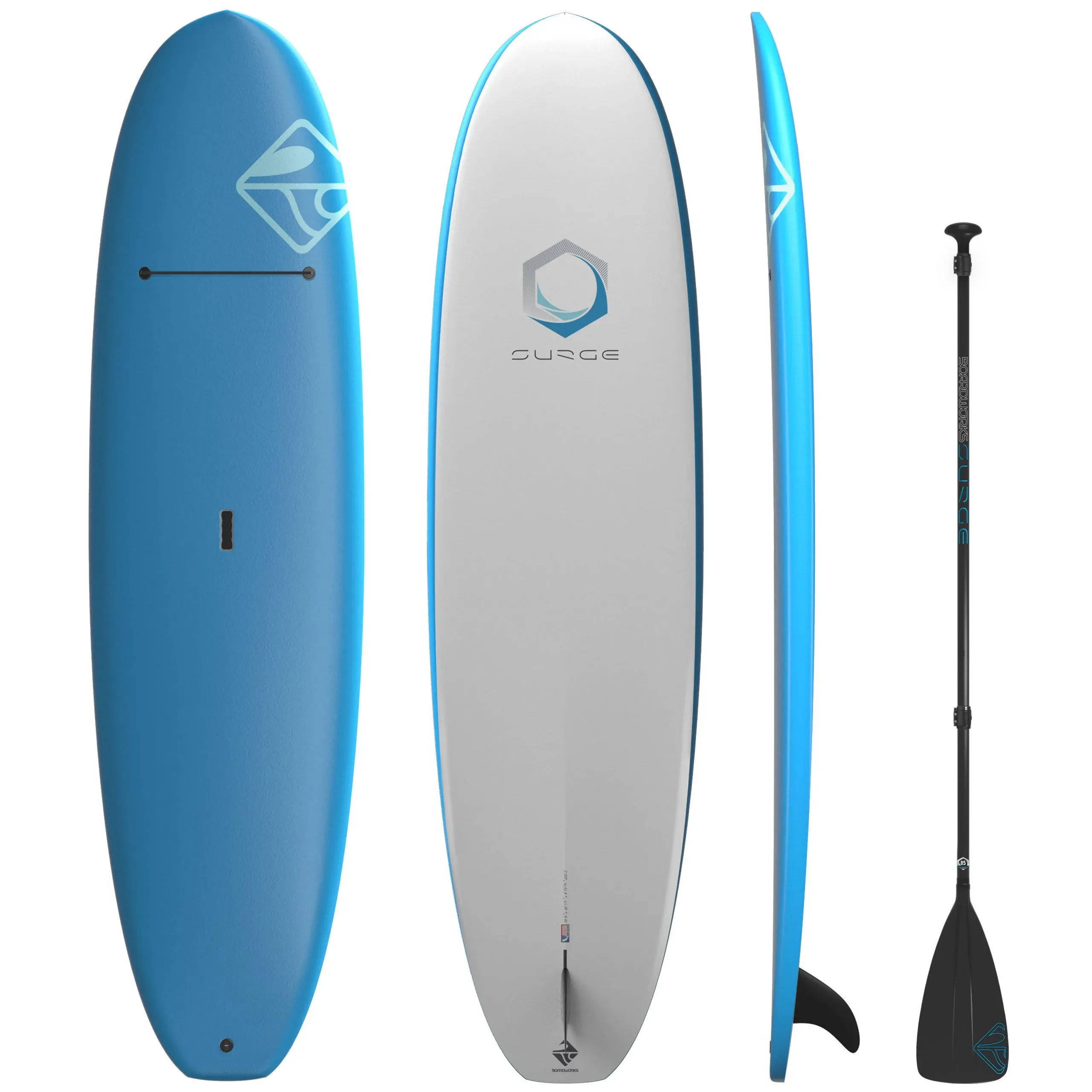 Boardworks Surge | Recreational Stand Up Paddleboard | SDK Softdeck Epoxy Hardboard with Paddle | 10' 6", Blue/White