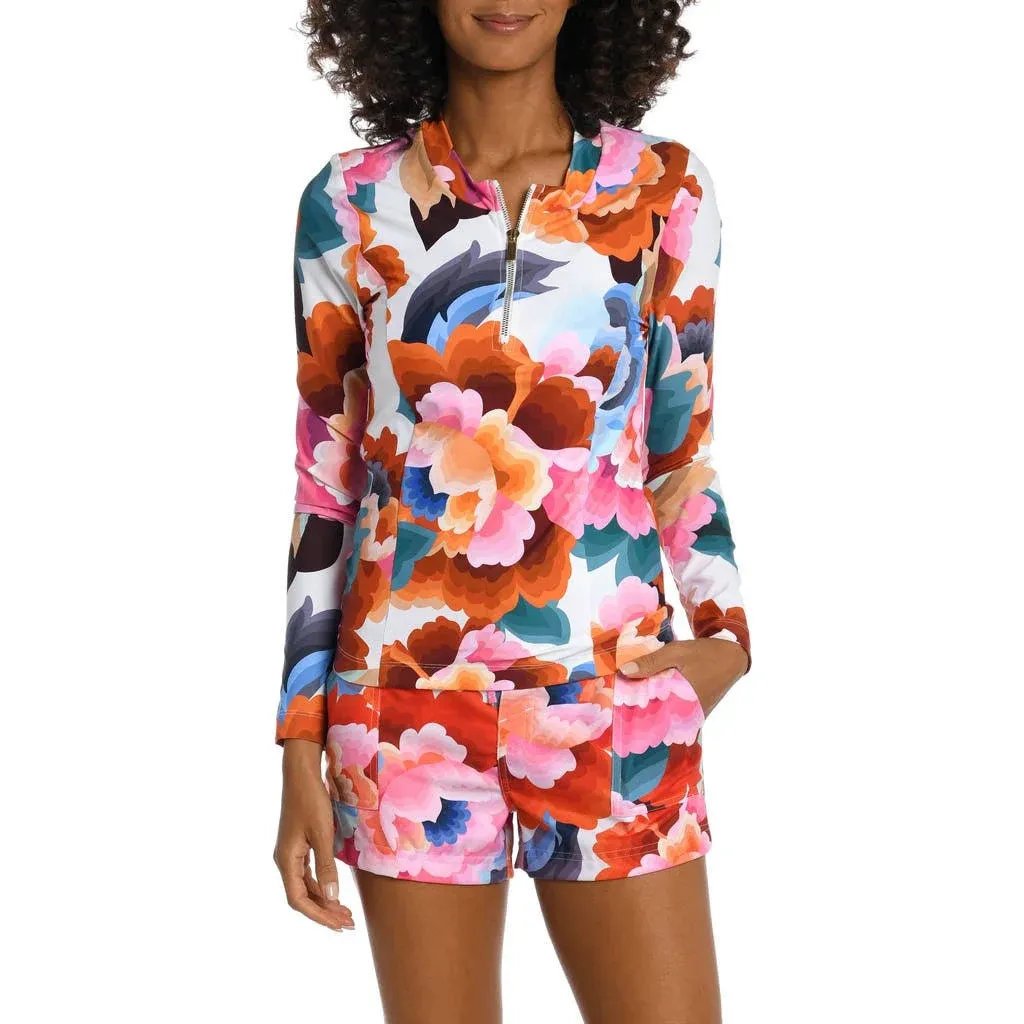 La Blanca Floral Print Half-Zip Rashguard Multi