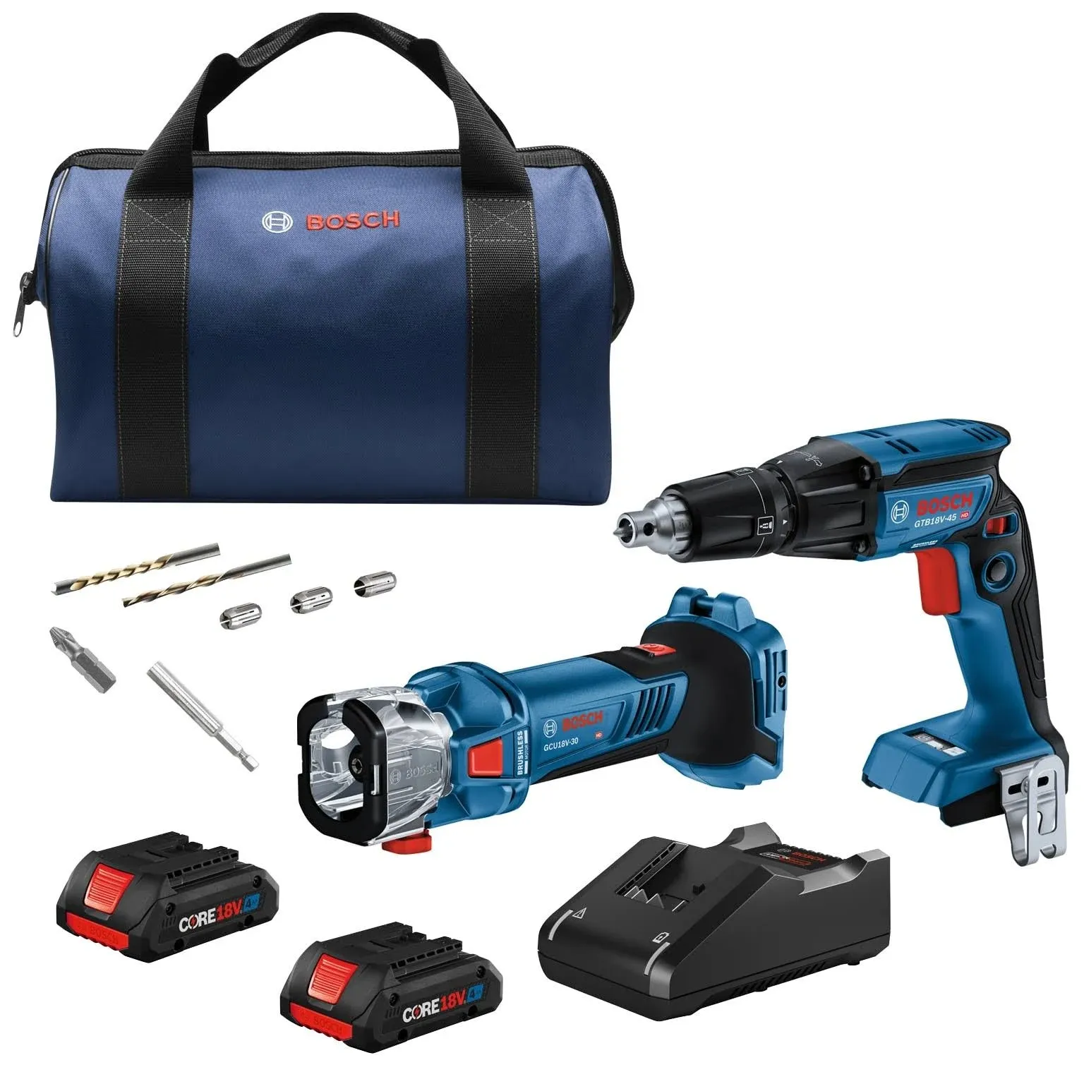 Bosch GXL18V-291B25 18V 2-Tool Combo Kit with Brushless Screwgun, Brushless Cut-Out Tool and (2) CORE18V 4 Ah Advanced Power Batteries