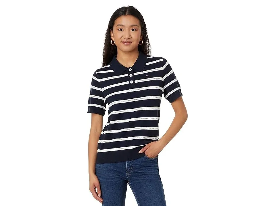 Tommy Hilfiger Women's Textured-Stripe Polo Sweater - Sky Captain/ Ivory - Size M