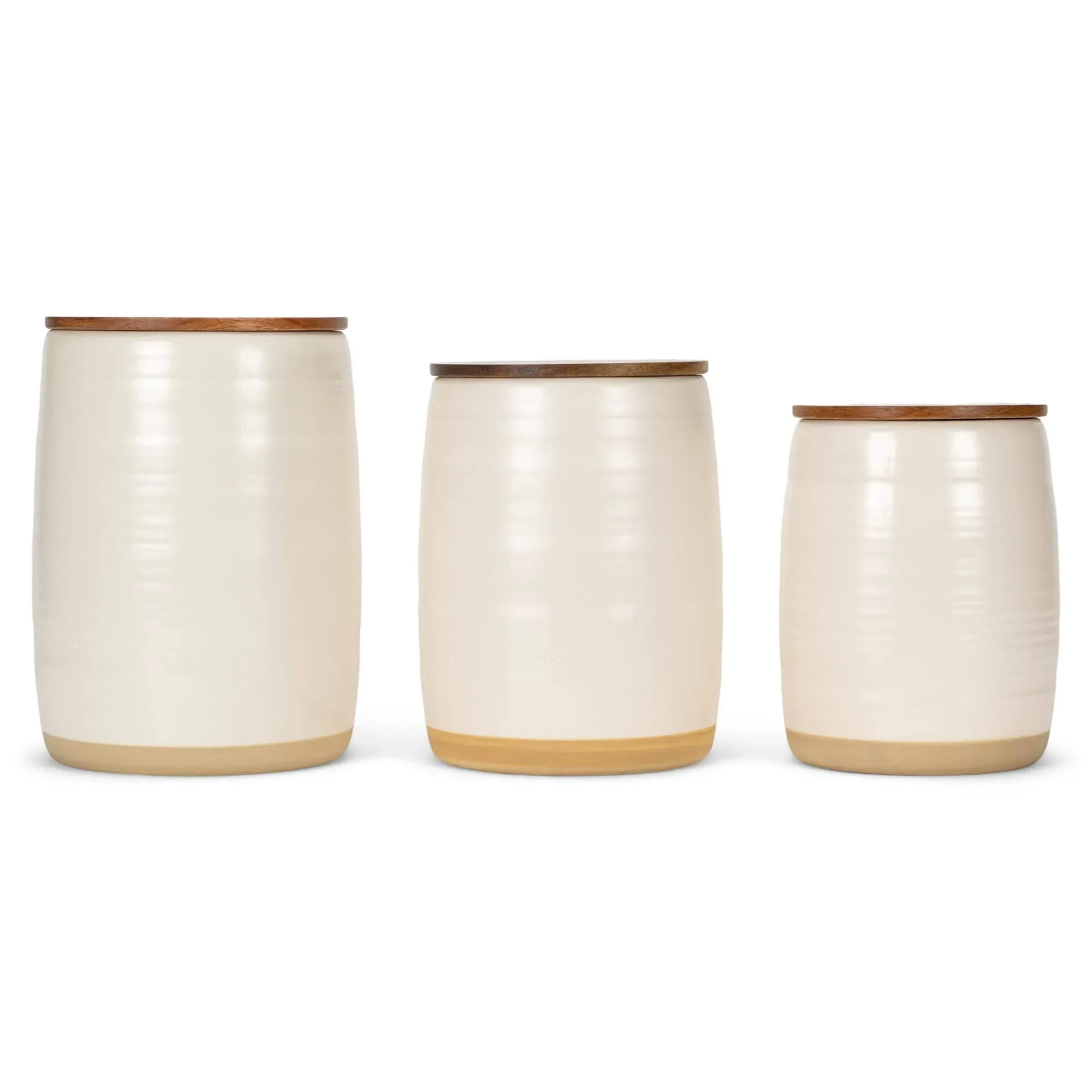 Nat & Jules Lidded Cream 6 inch Ceramic and Wood Kitchen Canisters Set of 3