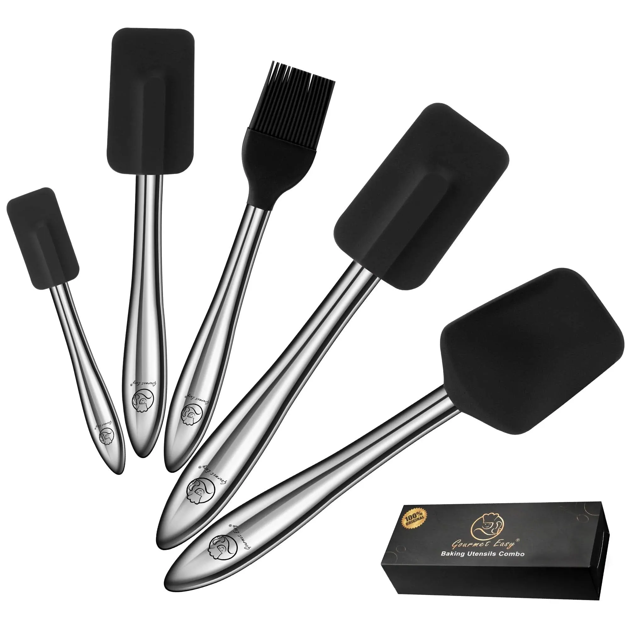 5pcs Silicone Spatula Set with Stainless Steel Handle, Silicone Spatulas for Cooking & Baking with Spoonula & Silicone Brush Heat Resistant, Silicone Kitchen Spatula for Nonstick Cookware (Black)