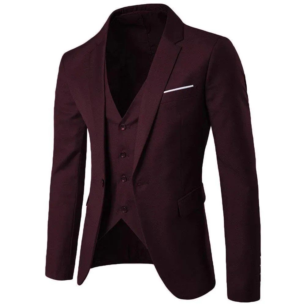 Mage Male Men's 3 Pieces Solid One Button Suit Elegant Slim Fit Single Breasted Party Blazer Vest Pants Set