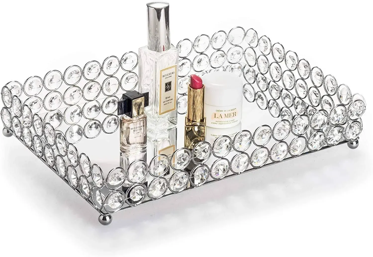 Feyarl Crystal Vanity Makeup Perfume Tray Ornate Jewelry Trinket Organizer Cosmetic Decorative Tray Skin Care Storage for Home Dressing Table Wedding Decoration(Rectangle 12" x 8") (Silver)