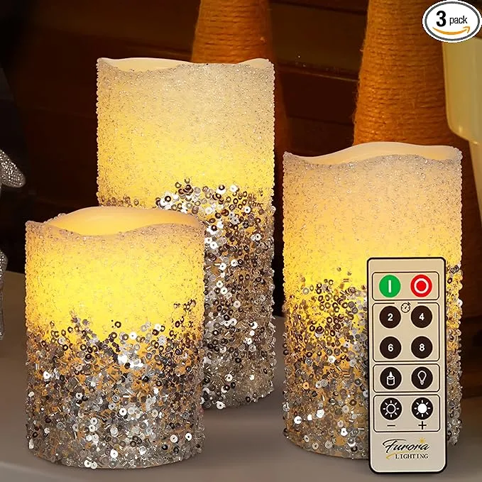 Furora Lighting Real Wax Gold Glitter Beads Flameless LED Candles 3pk