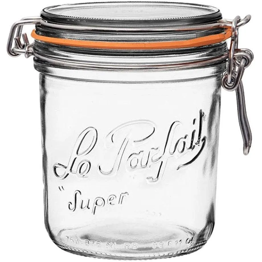 Le Parfait Super Terrine - 750ml French Glass Canning Jar w/Straight Body Airtight Rubber Seal & Glass Lid 24oz/Pint & Half (Pack of 4) Stainless Wire