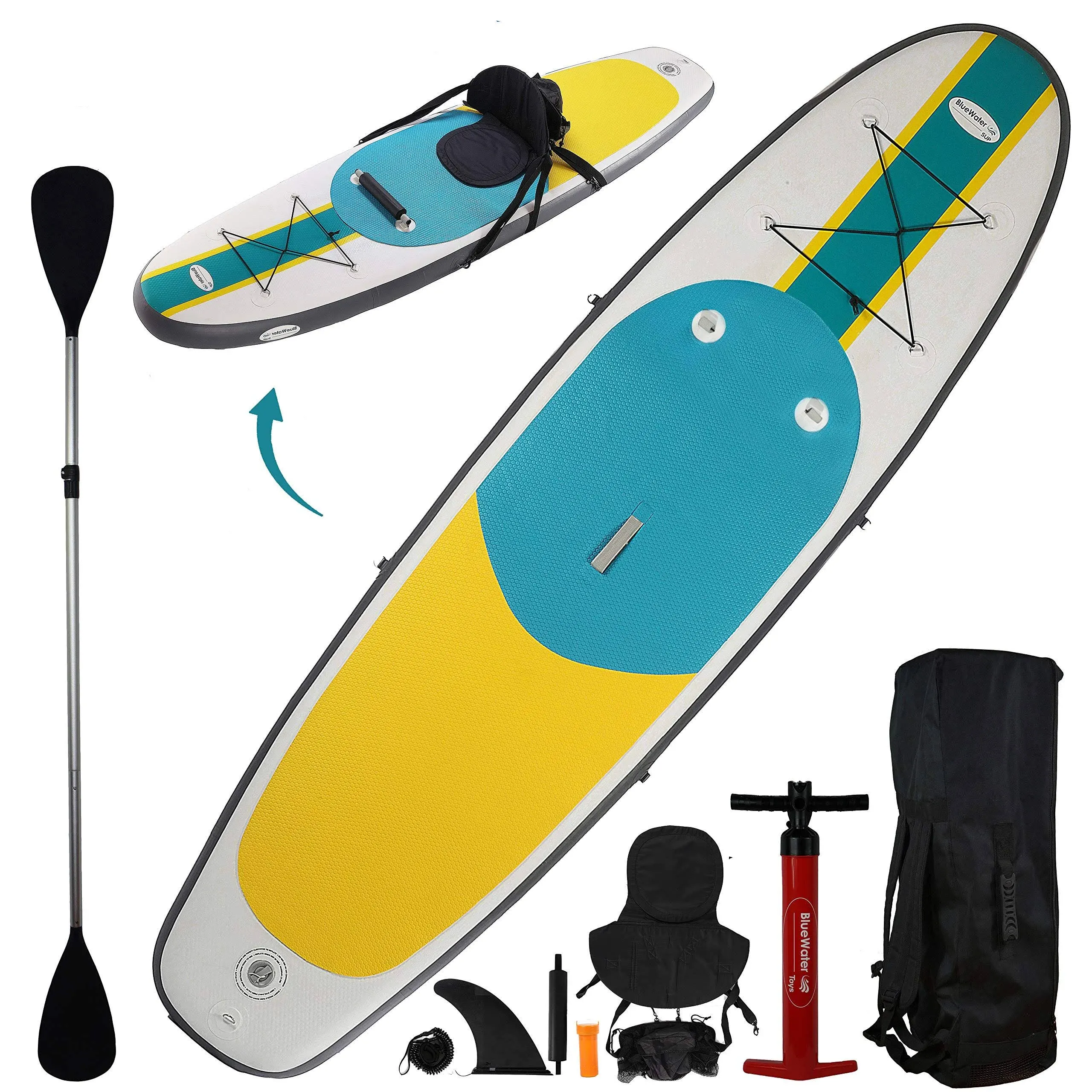 Blue Water Toys Inflatable Crossover Stand Up Paddle Board/Kayak Kit - Pump, Backpack, Coil Leash, Paddles, Detachable Seat, SUP 300 Pound Limit, 10 Feet by 32 Inches