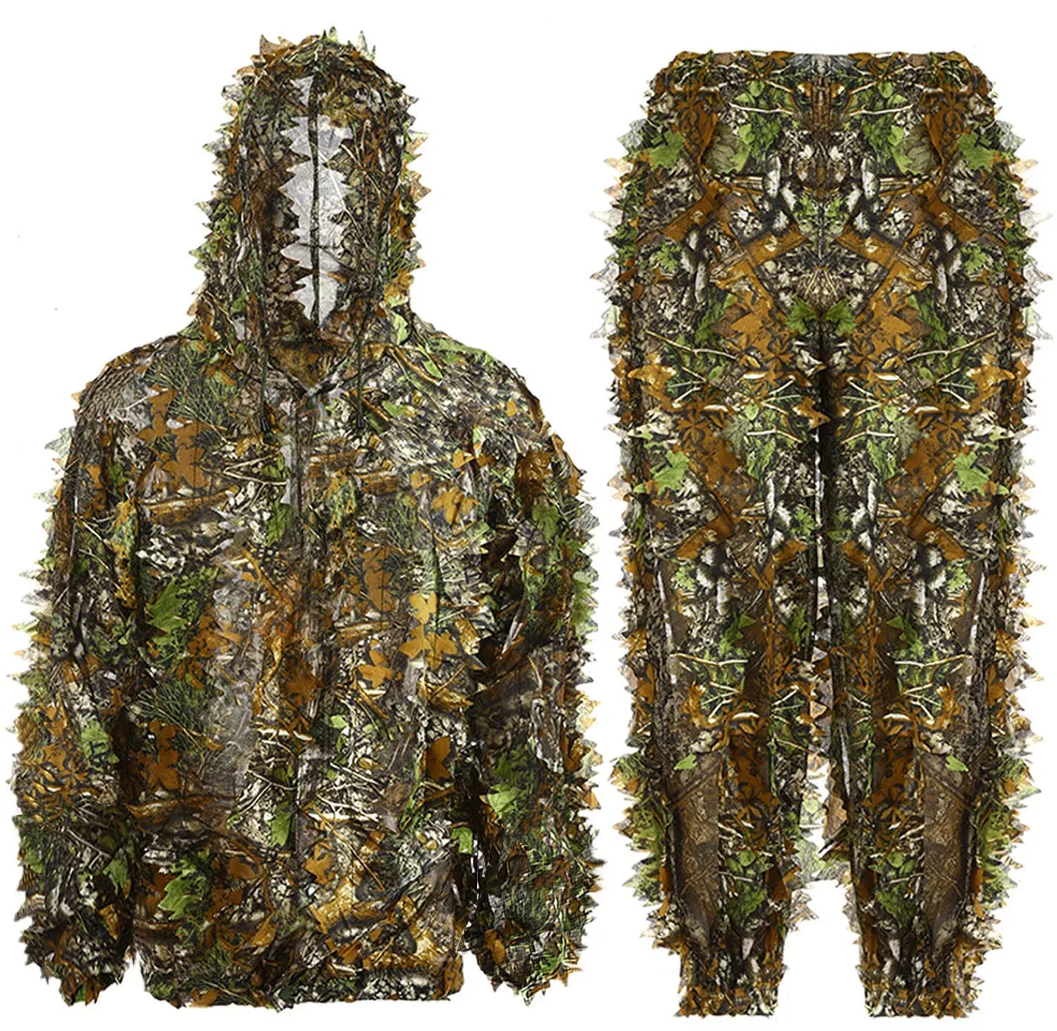 Ghillie Suit 3D Leafy Hunting Suits, Outdoor Hooded Camouflage Clothing for Man, Gilly Camo Suit with Jacket & Pants