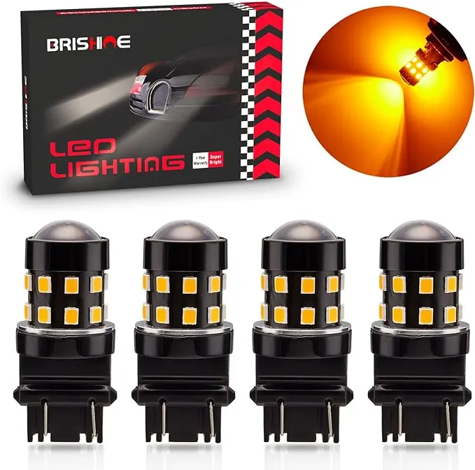 4-Pack Super Bright 3157 3156 3057 4057 4157 LED Bulbs Amber Yellow 9-30V Non-Polarity 24-SMD LED Chipsets with Projector for Turn Signal Lights, Side Marker Lights