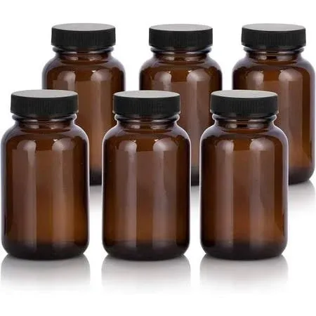 Amber 4 oz Glass Packer Bottle with Black Ribbed Lid (6 Pack), Size: Small