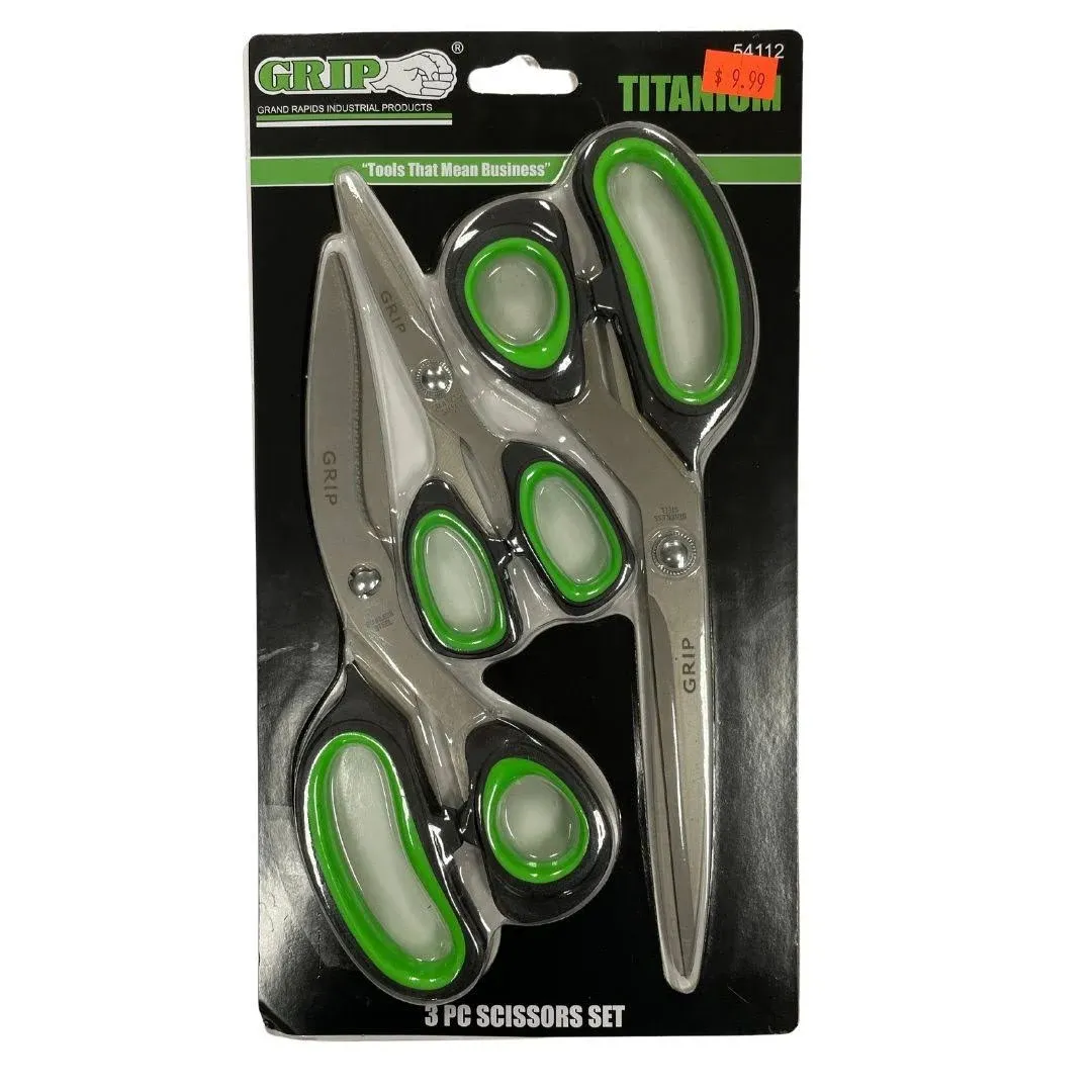 Grip Titanium 3 pc Scissors Set - Stainless Steel Titanium - Home, Office, Workshop - Paper, Mesh, Plants, Rope, Fabric, Plastic