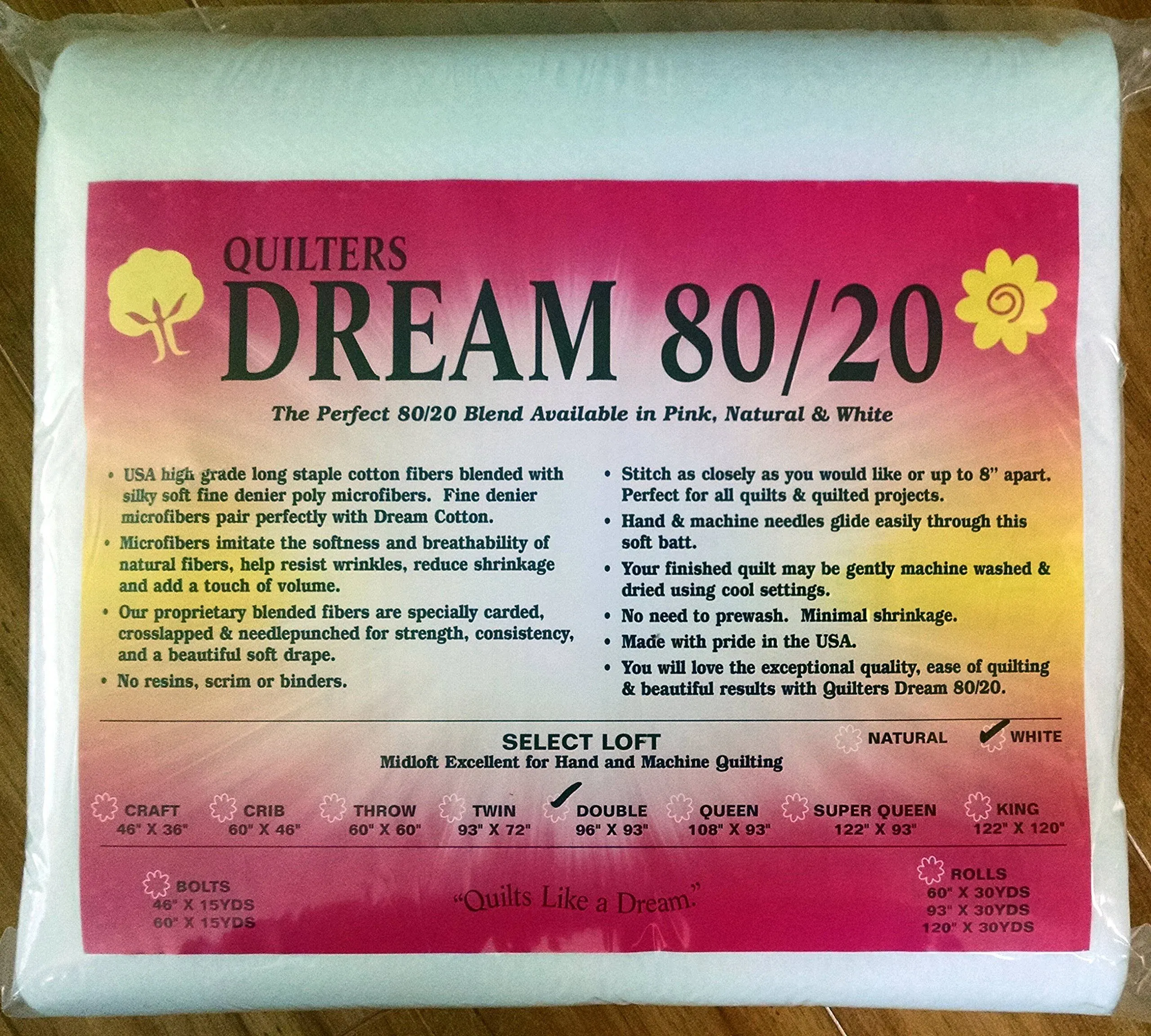 Quilters Dream 80/20 Double Size 96” x 93” White, Select Loft, Mid-Loft Batting