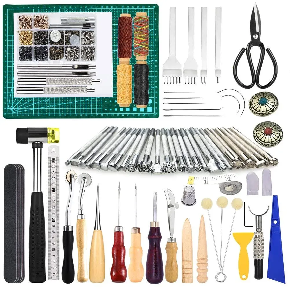 243Pcs Leather Working Tools and Supplies with Instruction, Leather Stamping Tools, Snaps and Fasteners Kit, Waxed Thread Cord, Cutting Mat, Leather Tooling Starter Kit for DIY Leather Craft