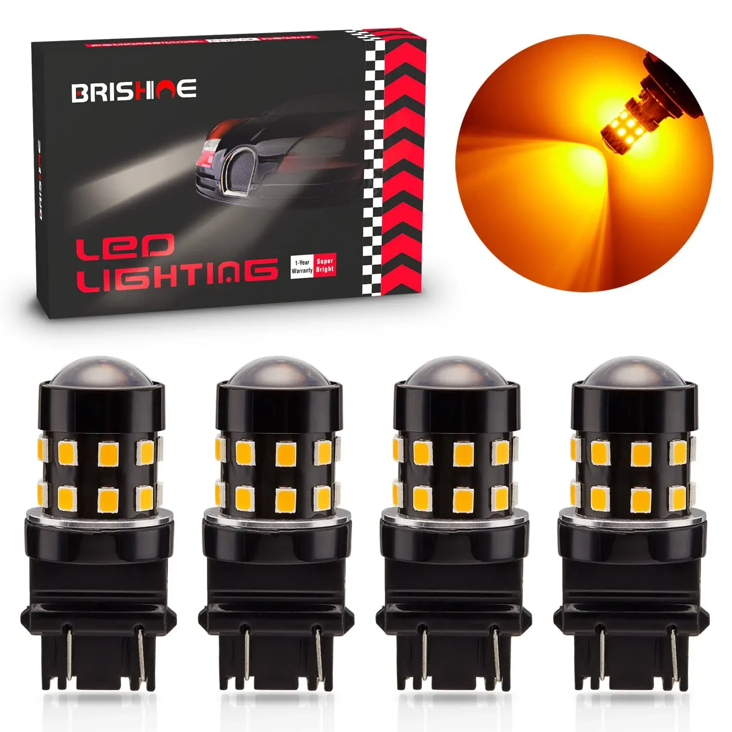 4-Pack Super Bright 3157 3156 3057 4057 4157 LED Bulbs Amber Yellow 9-30V Non-Polarity 24-SMD LED Chipsets with Projector for Turn Signal Lights, Side Marker Lights