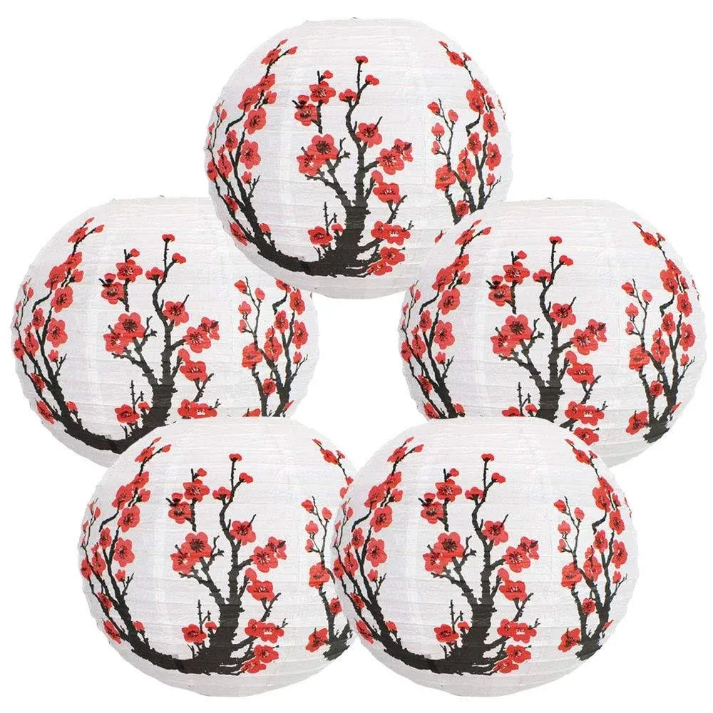 Set of 5 - 12-Inch Vibrant Cherry Blossom Japanese/Chine<wbr/>se Paper Lanterns