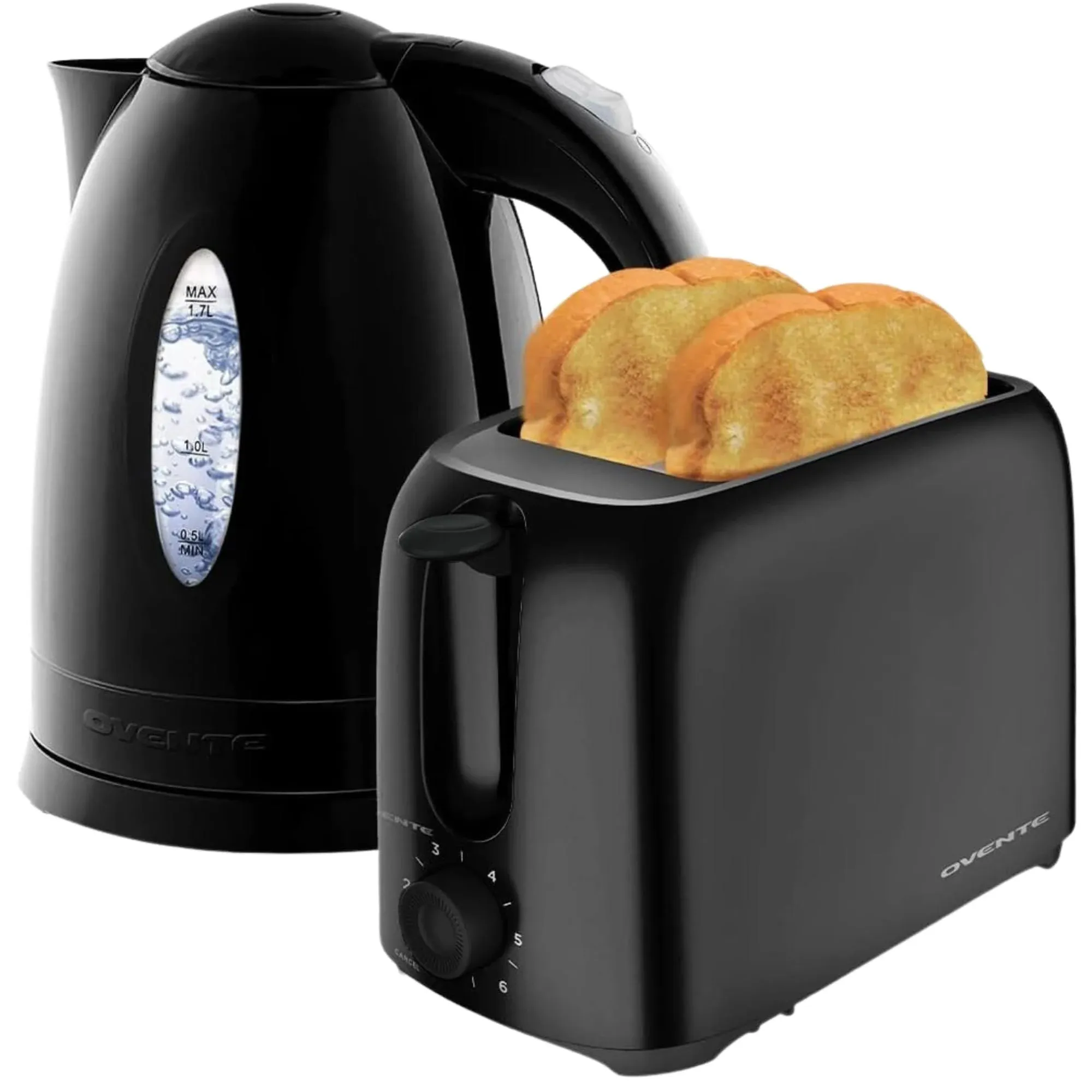 OVENTE 1.7L Electric Kettle + 2-Slice Toaster Combo with 6-Shade Settings, New- Black KP72B + TP2210B