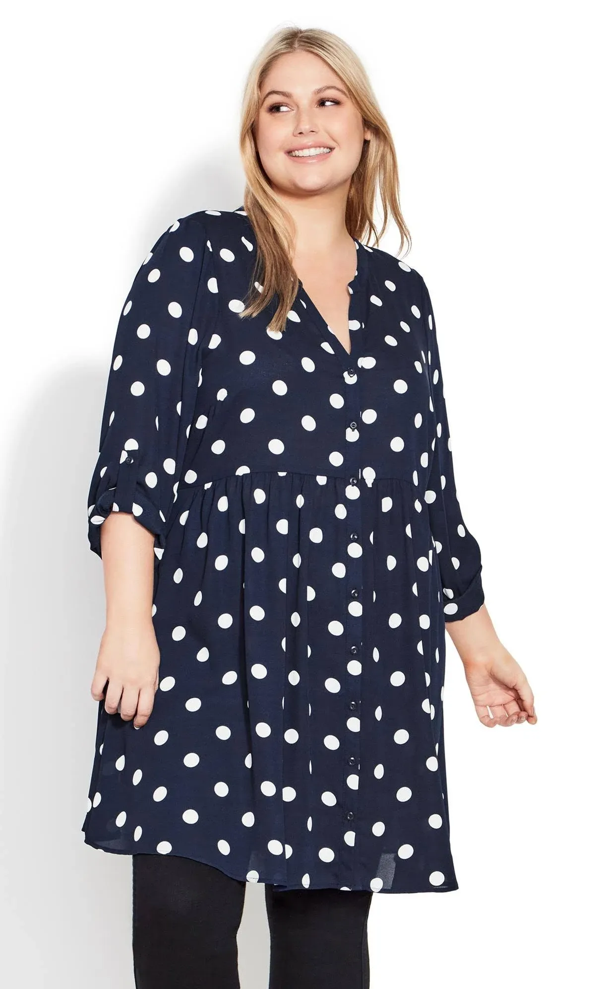 Evans | Women's Plus Size Gathered Waist Tunic - Navy Spot - 14W