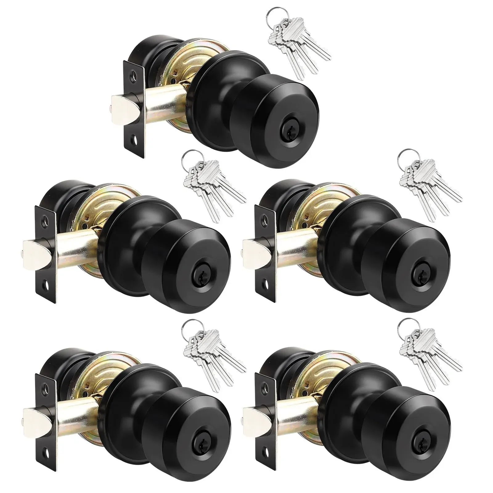 KNOBWELL 5 Pack Keyed Entry Door Knobs with Same Keys, Modern Door Knob Keyed Alike, Exterior Locking Door Knobs with Keys, Matte Black