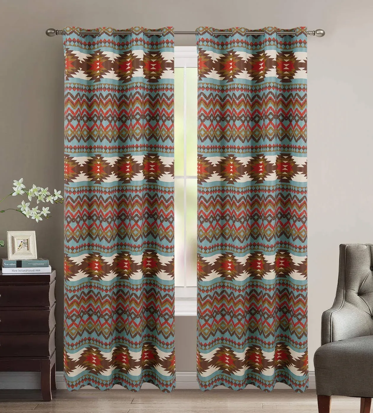 Utah Rustic Western Southwestern Native American Thermal Insulation Grommet Window Curtains Set in Turquoise Blue and Brown and Native American Tribal Patterns - Utah Thermal Curtain Set Turquoise