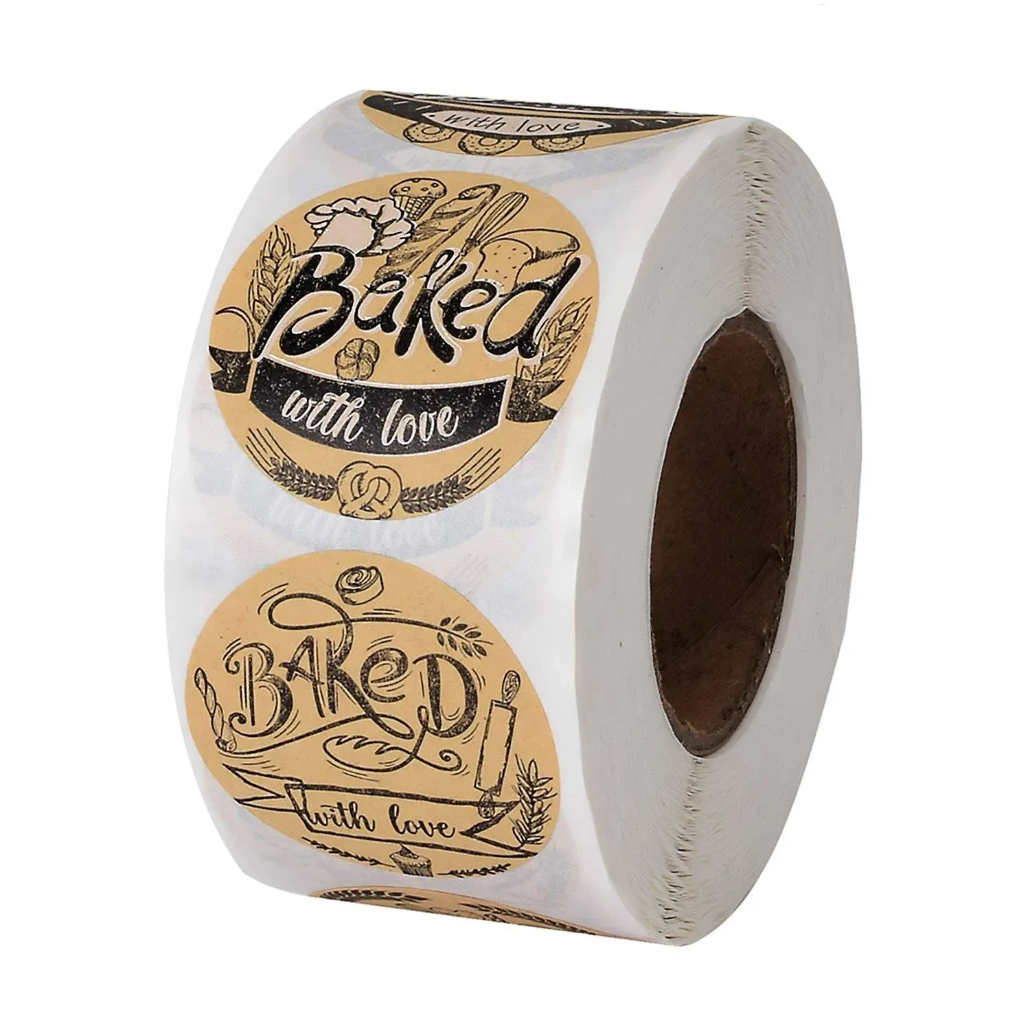 600 Baked with Love Stickers 1.5" Round Natural Kraft 6 Unique Design Perfect for Baked Goods Packing and Wrapping, Add Unique Touch to Your Business and Homemade Cookies