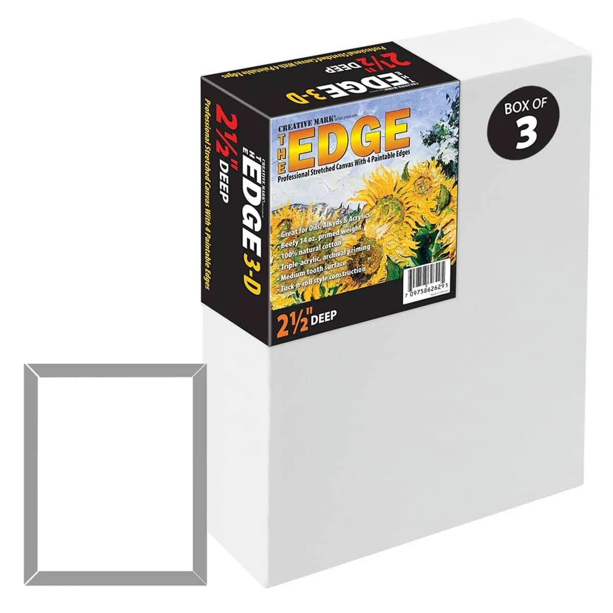 Edge All Media Cotton Deluxe Stretched Canvas - Gallery Ready 2-1/2 Deep Triple Acrylic Primed Canvas - [3 Pack - 20x20 ]