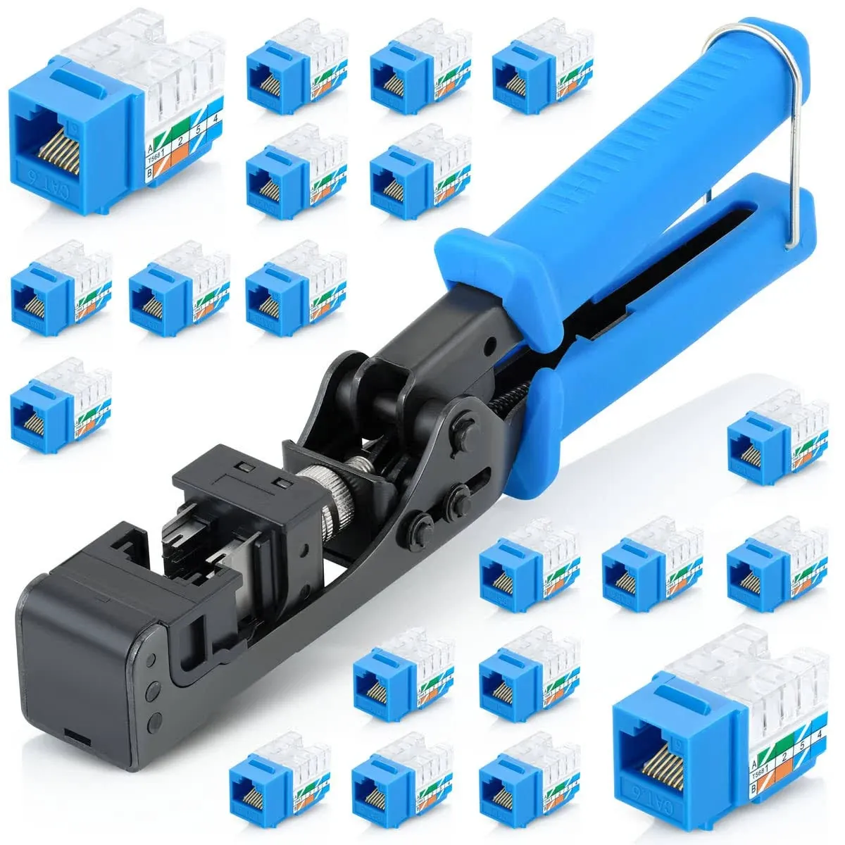 Everest Media Solutions Easyjack - 90° Angled Speed Termination Tool - with 20-Pack of 90° Angled CAT6/5e Keystone Jacks in Blue 13610