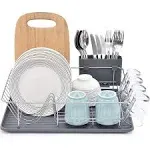 TOOLF Dish Rack, Large Capacity, Dish Drying Rack with Cutlery Holder, Removable Drip Tray, Cup Holder, Compact Kitchen Drainers for Countertop, Grey