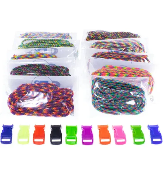 Paracord Planet 550 Combo Kits with 100 Feet of Parachute Cord and 10 Buckles in Multiple Color Packs - Create Survival Bracelets, Lanyards, Key Chains, and More